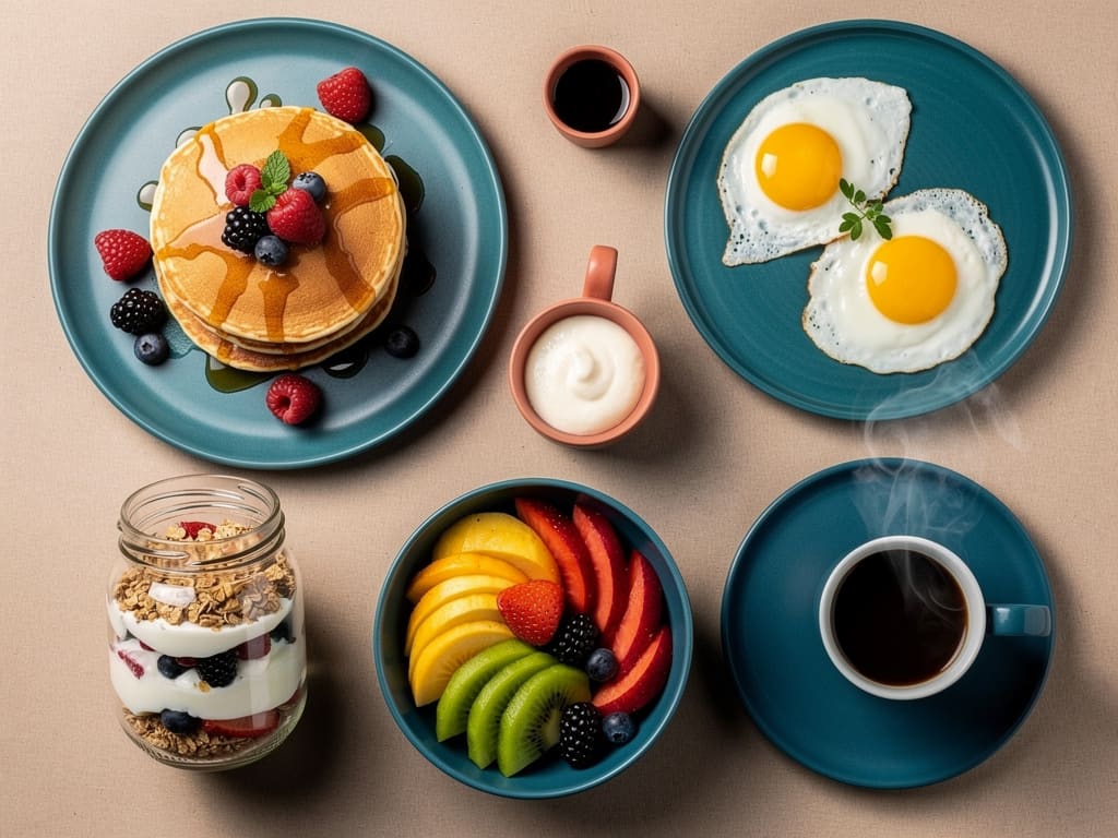 Assortimento brunch con pancake, uova, yogurt, frutta e caffè