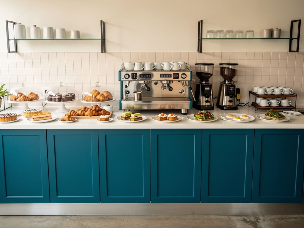 Banco caffetteria con cornetti, macchina espresso e piatti brunch
